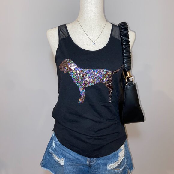 Victoria’s Secret PINK Black Racerback Tank Top Sequin Dog Size Small - Picture 1 of 4